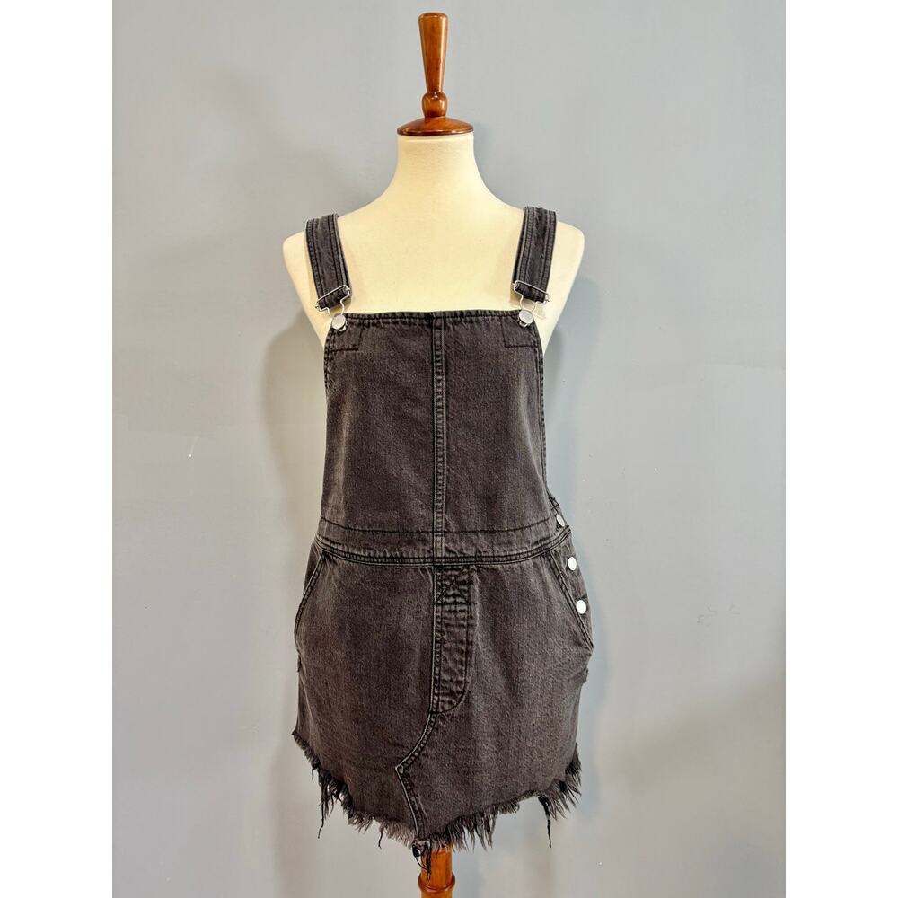 Free People Ziggy Denim Overall Mini Dress Skirtall Frayed Gray Festival Size 10